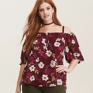 Torrid maroon floral cold shoulder blouse